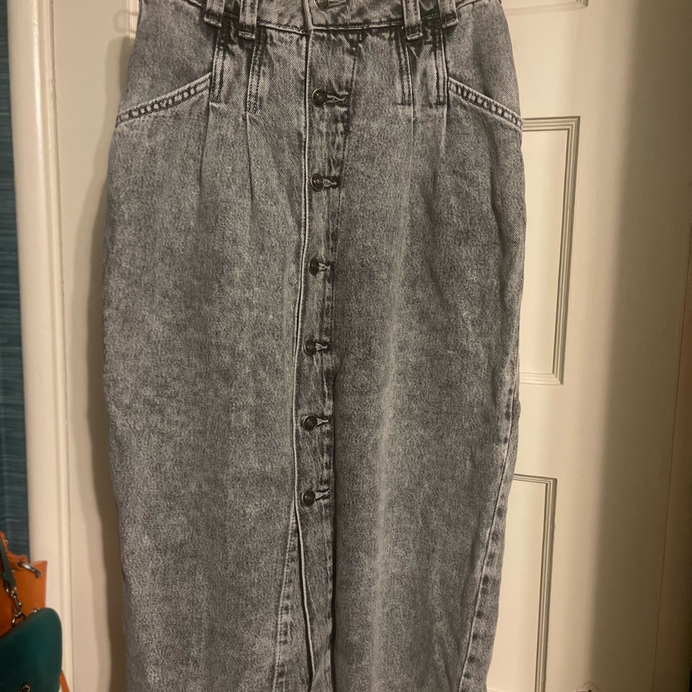 Free People Gray Black Acid Wash Denim Midi Skirt